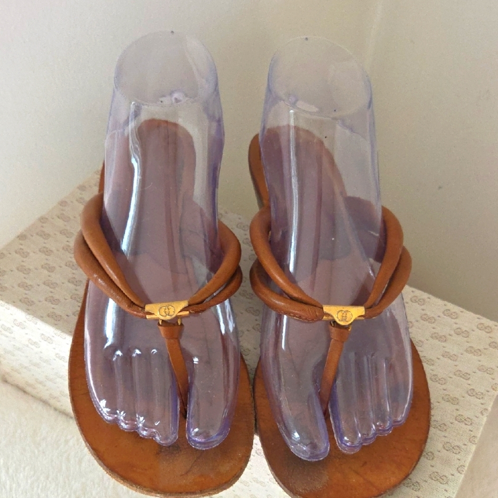 Vintage GUCCI Cognac Brown Leather Women's Sandals Size 8.5 GUC